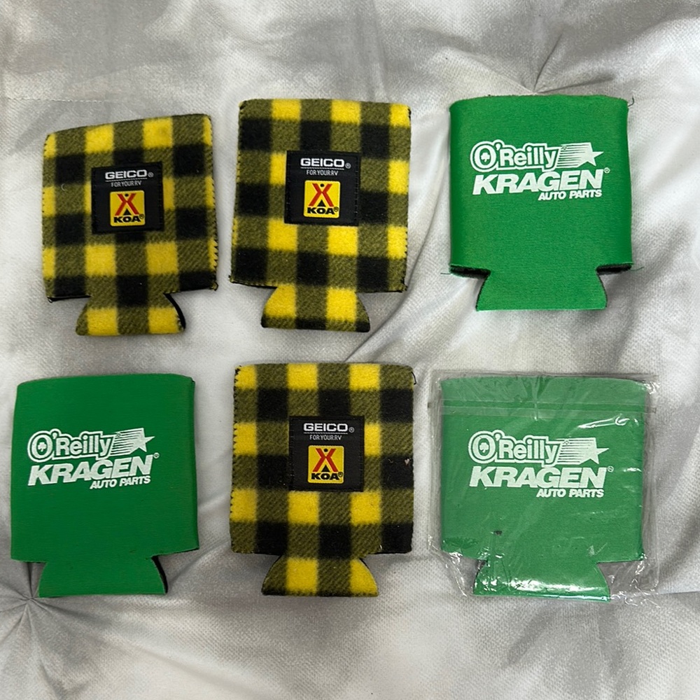 6 can coozies. Keeps cans cold. 3 from O’Reilly auto parts. 3 from KOA